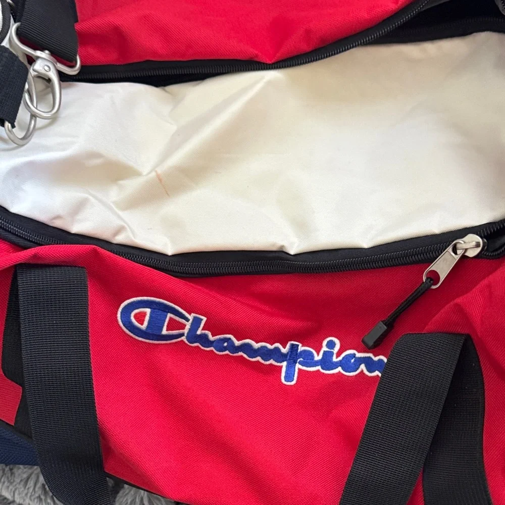 Champion Red, White, and Navy Colorblock Duffel Bag with Logo